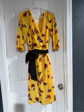 New York & Company Yellow Butterfly Print Wrap Midi Dress with Black Tie
